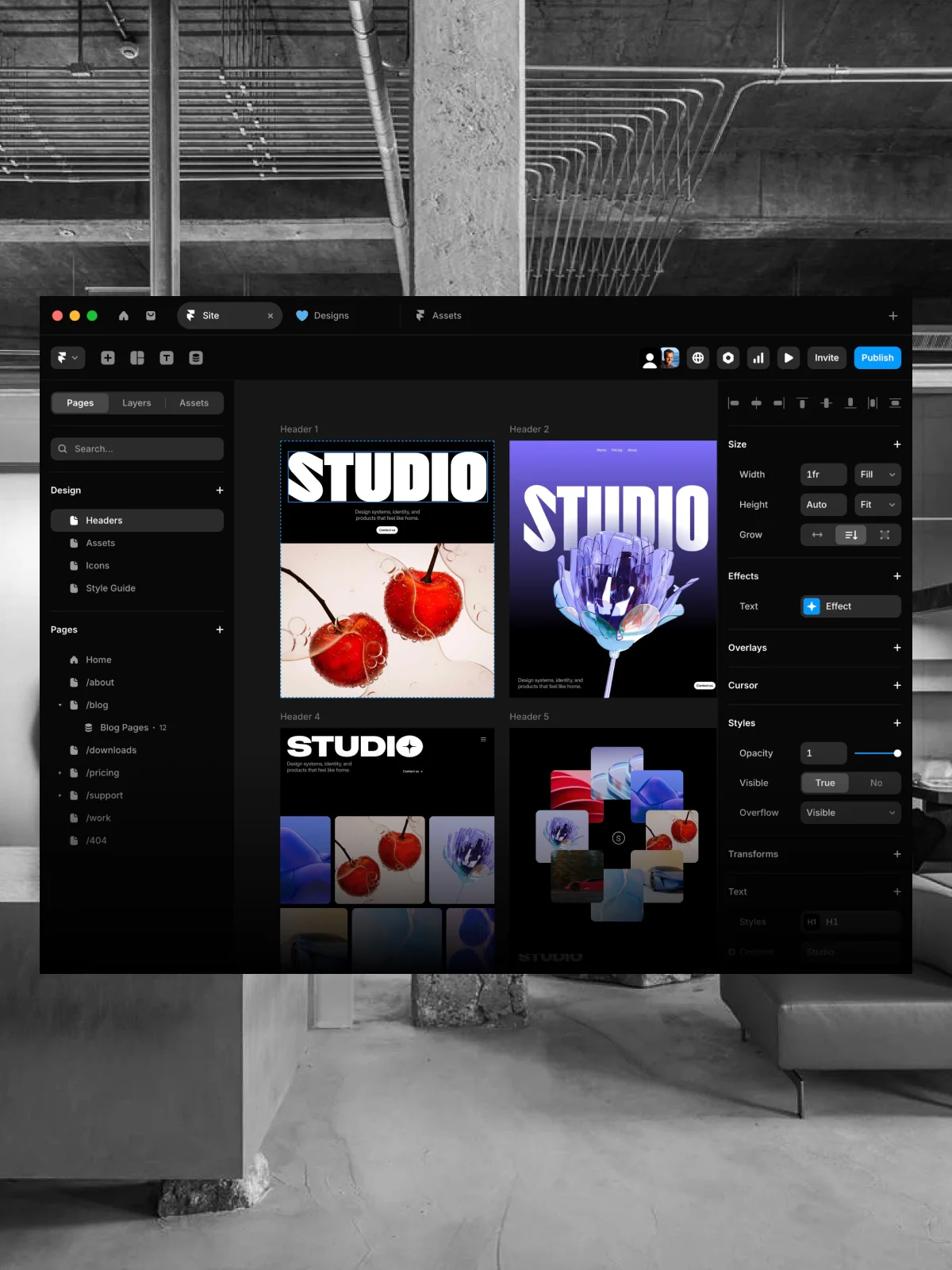 Laptop mockup displaying a Framer website homepage with hero section, navigation and scroll animations