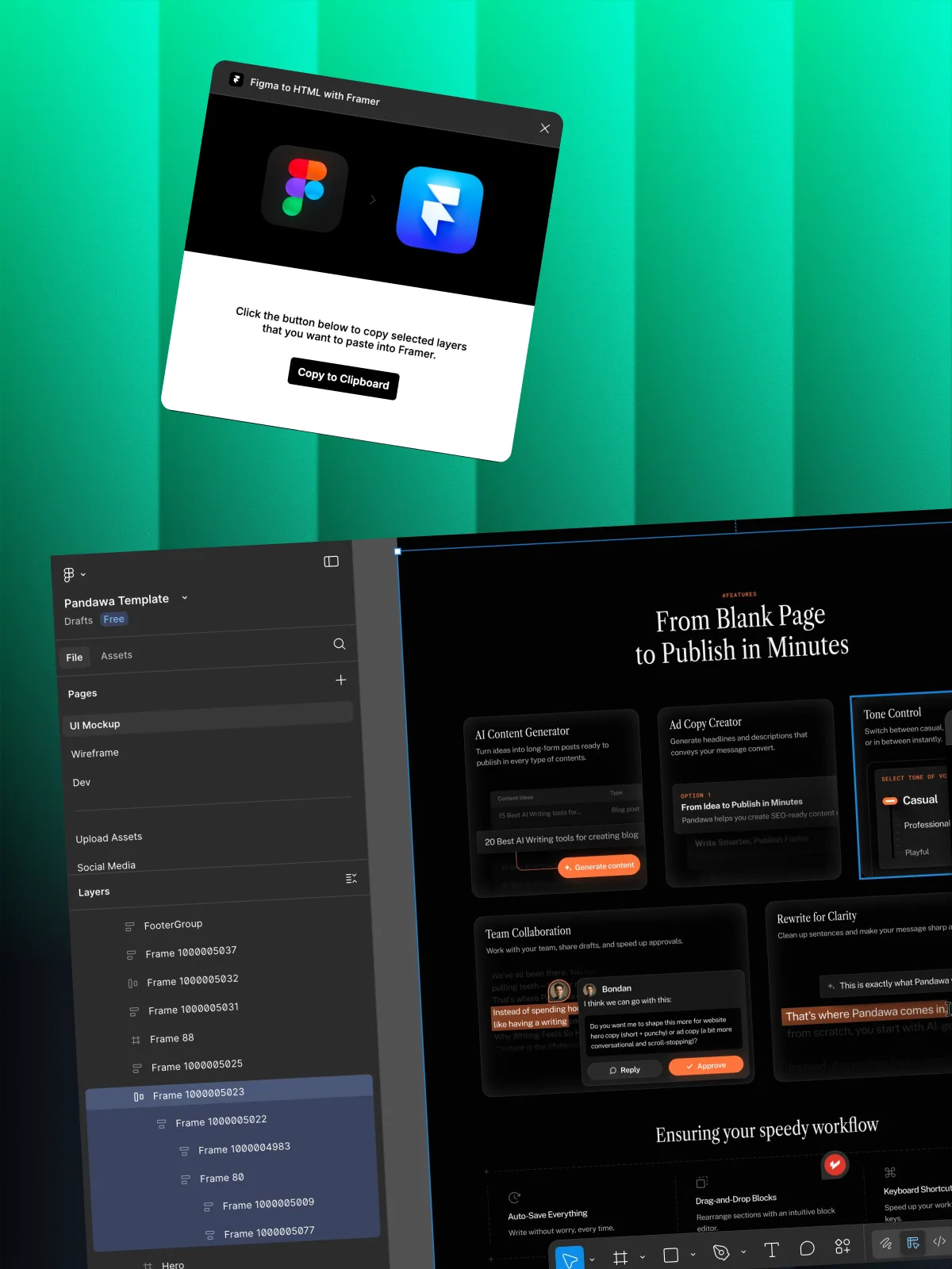 Laptop screen showing a Framer website interior page with scroll-triggered animations and custom components