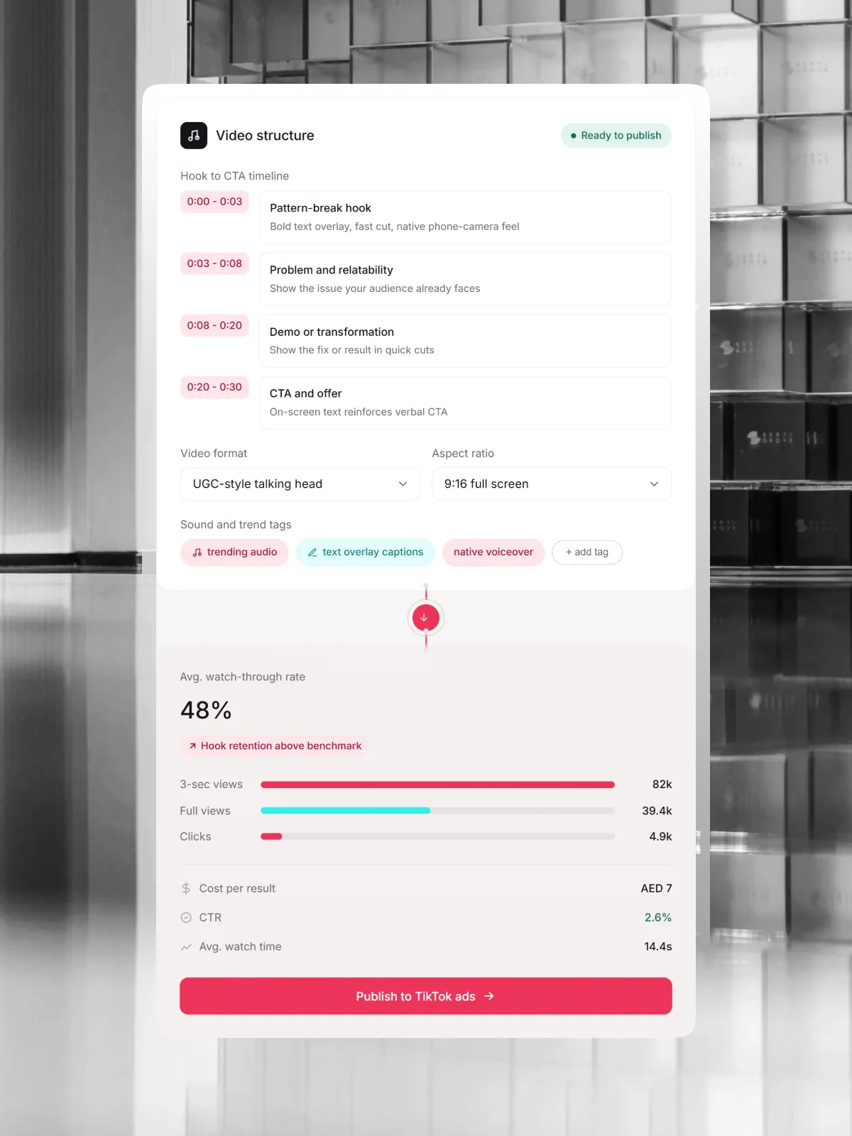 iPhone mockup displaying a vertical TikTok video advertisement creative for a product campaign