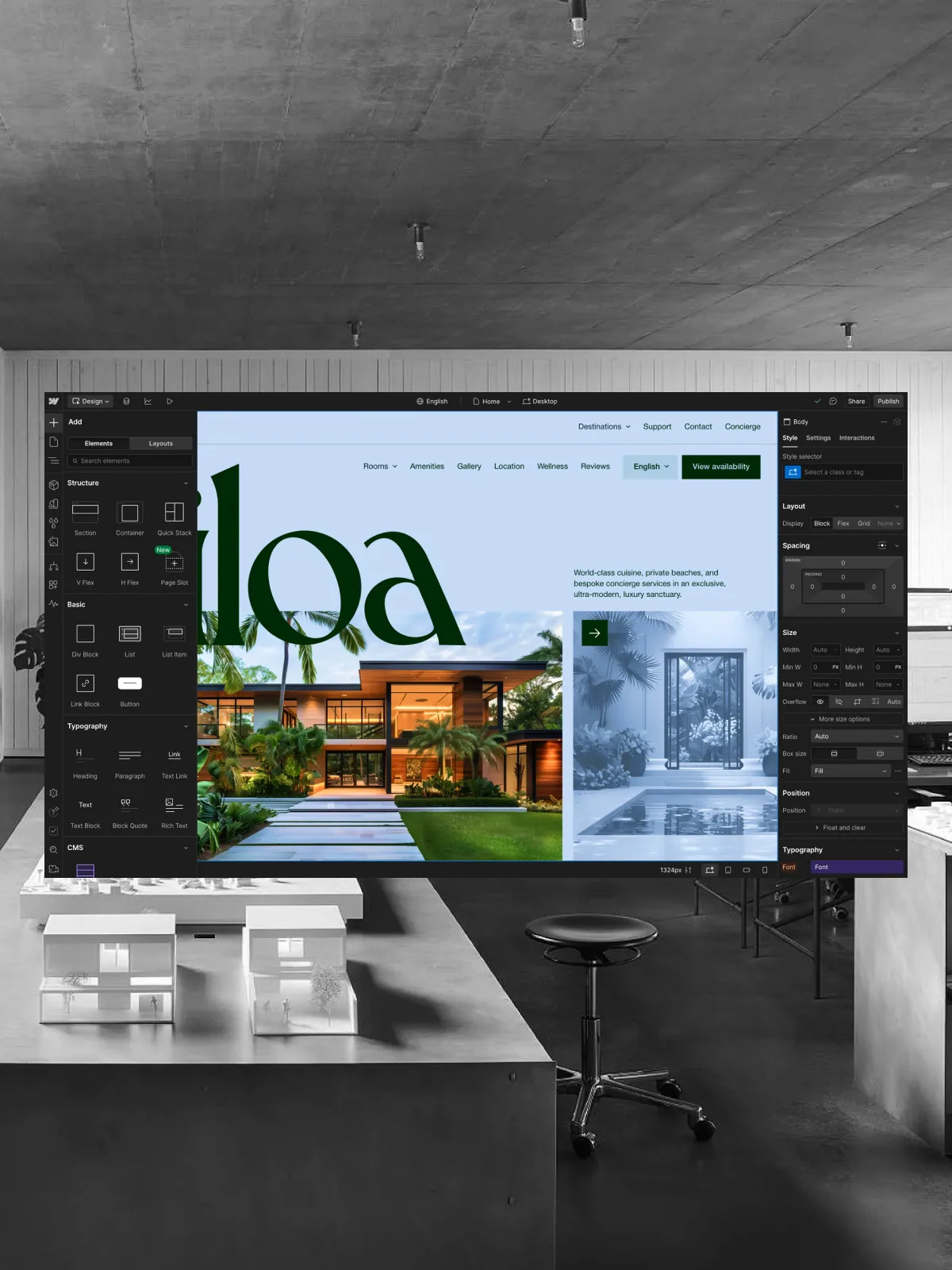 Laptop mockup displaying a Webflow website homepage with CMS-powered hero section and content
