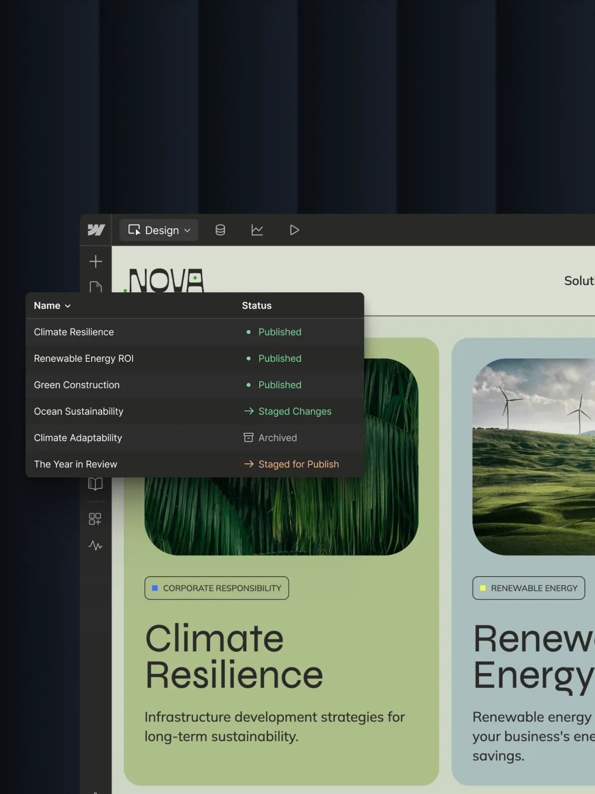 Desktop screen showing a Webflow website interior page with scroll interactions and dynamic content sections
