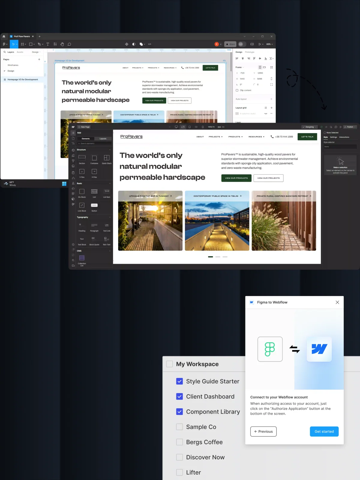 Laptop displaying a large enterprise Webflow website with complex navigation, animation and multi-column layout